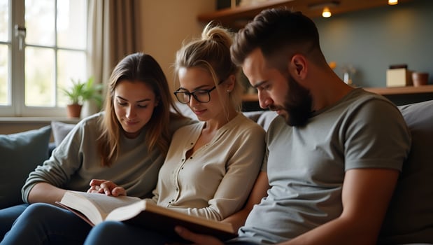 Flat Christian couple or group reading study the bible together and pray at a home or Sunday school at church concept studying the word of God concept as Christian couple or grou Act 8 photo