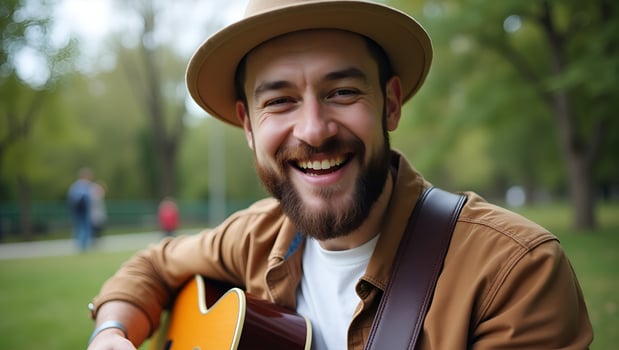 Flat Close up of young hipster man practicing guitar in the park exuding happiness and musical passion concept as Close up of a young hipster man practicing guitar in the park exu Act 6 photo