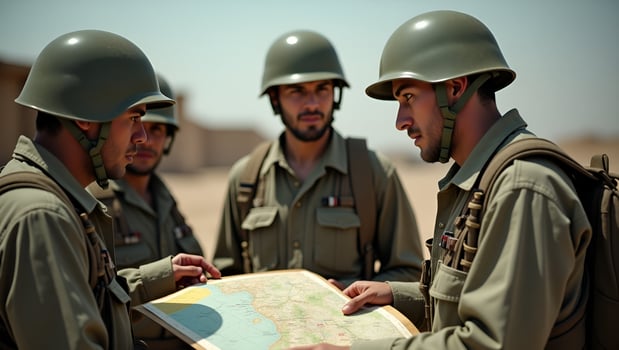 Flat Soldiers looking at the map concept as Group of soldiers examining a map symbolizing strategy teamwork and tactical planning in military operations in Simple flat cute Act photo
