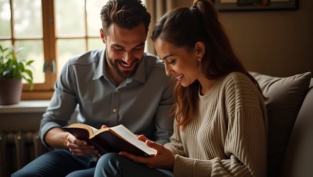 Flat Christian couple or group reading study the bible together and pray at a home or Sunday school at church concept studying the word of God concept as Christian couple or grou Act 2 photo