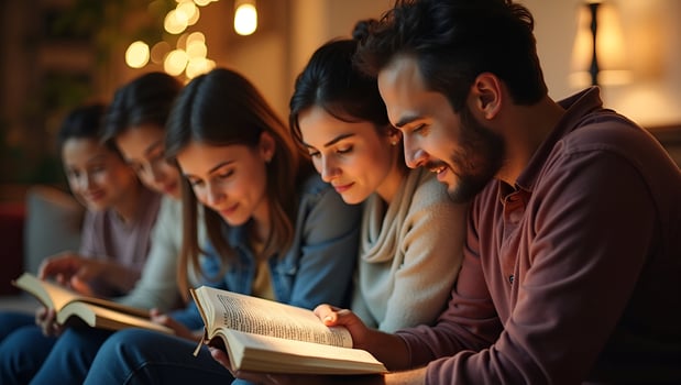 Flat Christian couple or group reading study the bible together and pray at a home or Sunday school at church concept studying the word of God concept as Christian couple or grou Act 5 photo