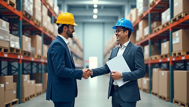 Flat professional business partner meeting for work with certification approval concept logistics and warehouse in banner background concept as Colleagues finalize contract validat Act 4 photo