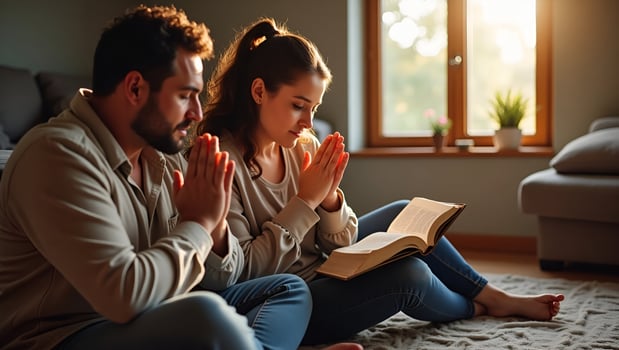 Flat Christian couple or group reading study the bible together and pray at a home or Sunday school at church concept studying the word of God concept as Christian couple or grou Act 3 photo