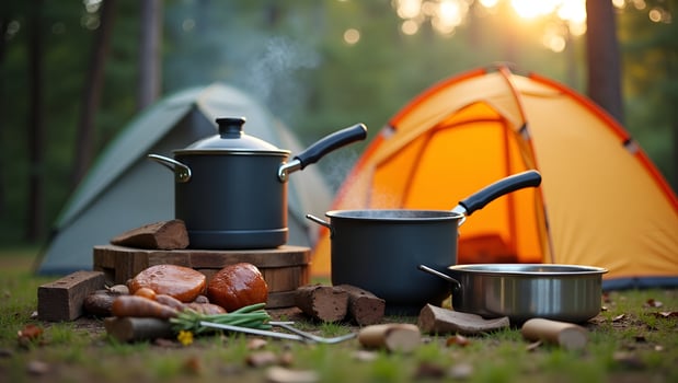 Cooking equipment set for camping trip and tent illustrating outdoor cooking and camping essentials for adventure concept as Cooking equipment set for camping trip and tent illust Act 7 photo