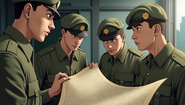 Flat Soldiers looking at the map concept as Group of soldiers examining a map symbolizing strategy teamwork and tactical planning in military operations in Simple flat cute Act 5 photo