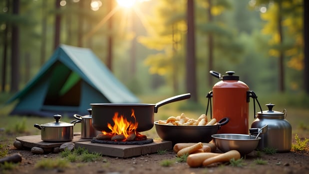 Cooking equipment set for camping trip and tent illustrating outdoor cooking and camping essentials for adventure concept as Cooking equipment set for camping trip and tent illust Act 5 photo