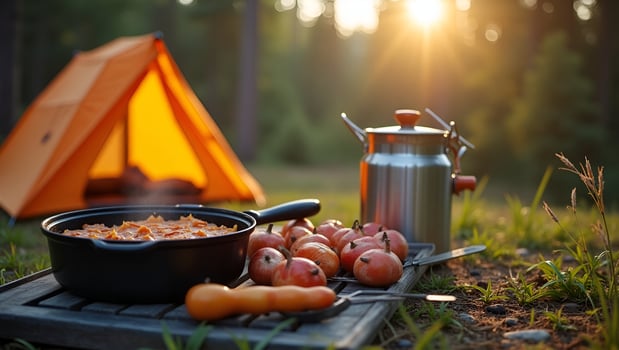 Cooking equipment set for camping trip and tent illustrating outdoor cooking and camping essentials for adventure concept as Cooking equipment set for camping trip and tent illust Act 8 photo