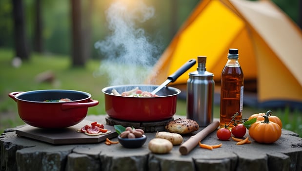 Cooking equipment set for camping trip and tent illustrating outdoor cooking and camping essentials for adventure concept as Cooking equipment set for camping trip and tent illust Act 3 photo