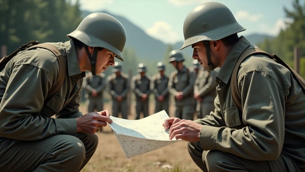 Flat Soldiers looking at the map concept as Group of soldiers examining a map symbolizing strategy teamwork and tactical planning in military operations in Simple flat cute Act 7 photo