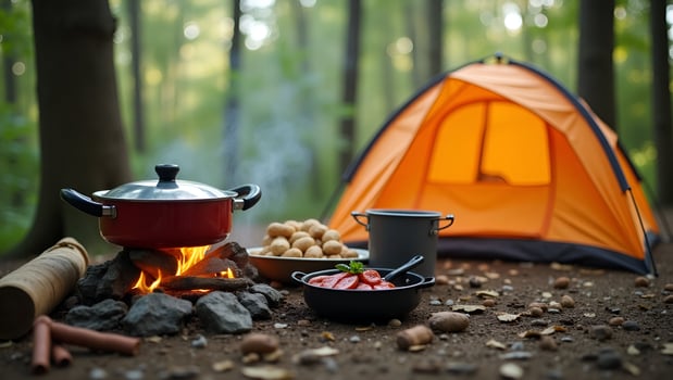 Cooking equipment set for camping trip and tent illustrating outdoor cooking and camping essentials for adventure concept as Cooking equipment set for camping trip and tent illust Act photo