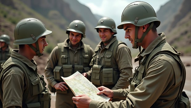Flat Soldiers looking at the map concept as Group of soldiers examining a map symbolizing strategy teamwork and tactical planning in military operations in Simple flat cute Act 3 photo