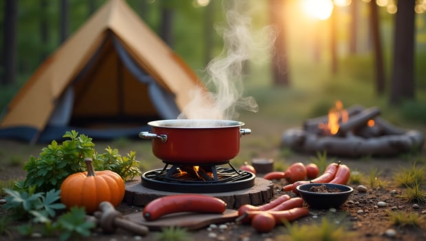 Cooking equipment set for camping trip and tent illustrating outdoor cooking and camping essentials for adventure concept as Cooking equipment set for camping trip and tent illust Act 6 photo