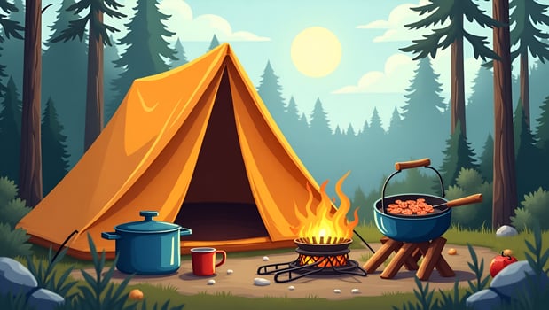 Cooking equipment set for camping trip and tent illustrating outdoor cooking and camping essentials for adventure concept as Cooking equipment set for camping trip and tent illust Act 2 photo