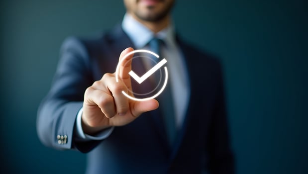 Flat Businessman holding holographic digital check mark icon symbolizing standard quality control certification assurance guarantee for automation process in empty space concept as Act 2 photo