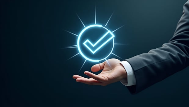 Flat Businessman holding holographic digital check mark icon symbolizing standard quality control certification assurance guarantee for automation process in empty space concept as Act 5 photo