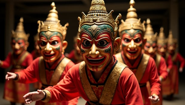 Flat Thailands traditional masked Khon performers dancing showcasing cultural heritage and artistic expression concept as Traditional masked Khon performers dance in Thailand show Act 7 photo