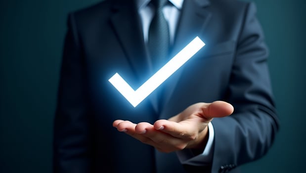 Flat Businessman holding holographic digital check mark icon symbolizing standard quality control certification assurance guarantee for automation process in empty space concept as Act 4 photo