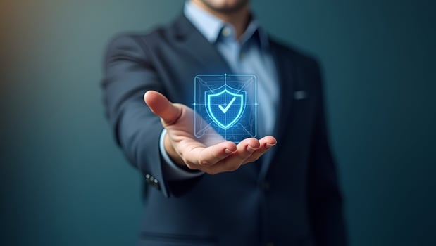 Flat Businessman holding holographic digital check mark icon symbolizing standard quality control certification assurance guarantee for automation process in empty space concept as Act 8 photo