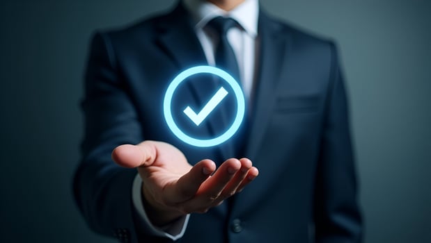 Flat Businessman holding holographic digital check mark icon symbolizing standard quality control certification assurance guarantee for automation process in empty space concept as Act photo