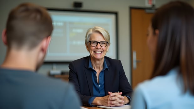 Happy mature old female mentor coach laughing training young interns at group office meeting professional workshop cheerful middle aged teacher professor talking to students at uni Act 6 photo