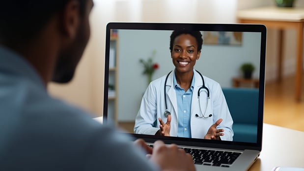 Male black patient engages in conference call with female African doctor virtual therapist consulting during online appointment on laptop at home representing telemedicine ch Act 7 photo