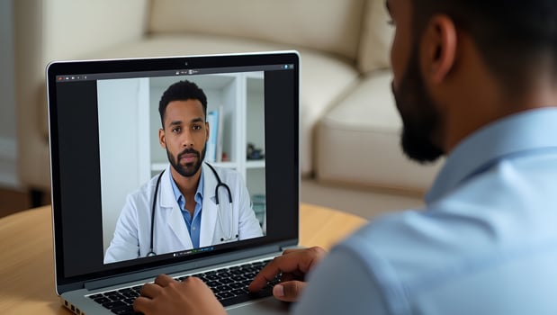 Male black patient talking on conference call to female African doctor virtual therapist consulting young man during online appointment on laptop at home telemedicine chat te Act 2 photo
