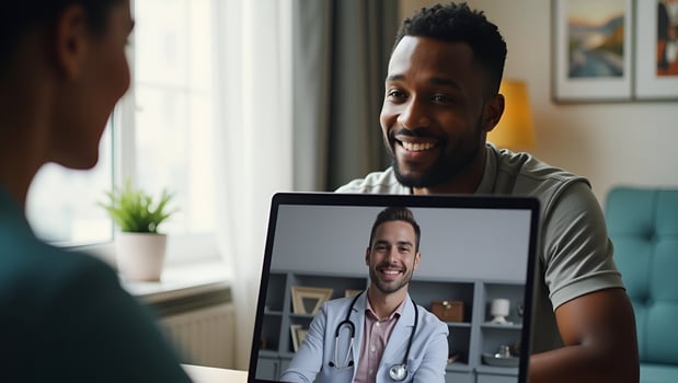 Male black patient talking on conference call to female African doctor virtual therapist consulting young man during online appointment on laptop at home telemedicine chat te Act 6 photo