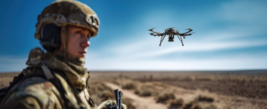 The soldier observing a drone in a vast desert landscape during a mission. photo