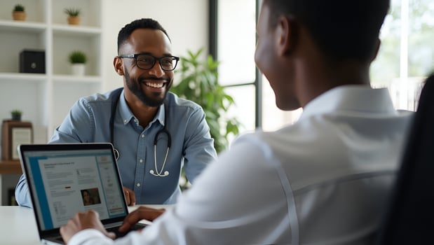 Male black patient talking on conference call to female African doctor virtual therapist consulting young man during online appointment on laptop at home telemedicine chat te Act photo