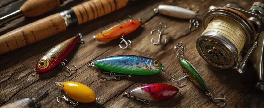 The assortment of fishing lures and gear on a rustic wooden surface. photo