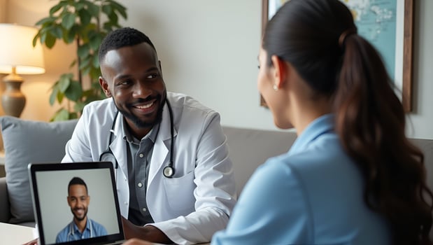 Male black patient talking on conference call to female African doctor virtual therapist consulting young man during online appointment on laptop at home telemedicine chat te Act 4 photo