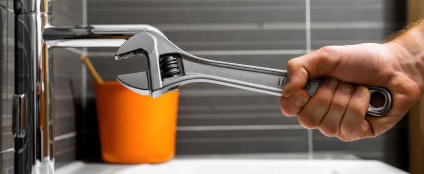 The wrench being used for plumbing repair in a modern bathroom setting. photo