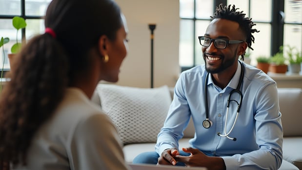 Male black patient talking on conference call to female African doctor virtual therapist consulting young man during online appointment on laptop at home telemedicine chat te Act 3 photo