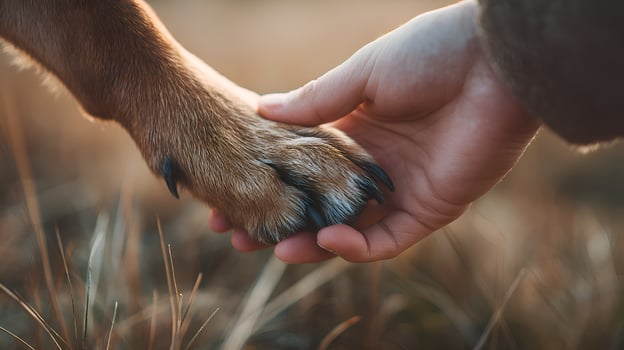 Veterinarian holding paw of dog, showing friendship and care photo