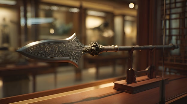 Ornate spear exhibited in museum display case showcasing history photo