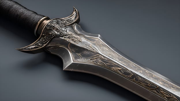 Fantasy short sword with ornate gold inlays resting on gray background photo