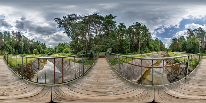 full seamless spherical 360 hdri panorama on wooden bridge over dried out slalom canal for rowing in equirectangular projection, VR AR content. photo