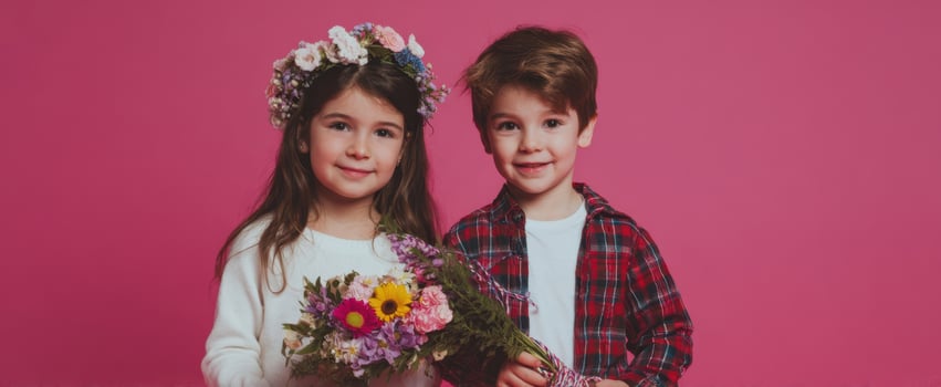 The charming children holding a colorful bouquet with flower crowns. photo