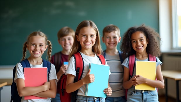 Cheerful diverse schoolchildren pose in classroom holding notebooks and backpacks smiling happily after school reopening representing diversity and back to school concept concept a Act 7 photo