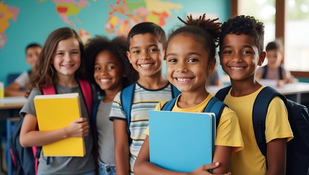 Cheerful diverse schoolchildren pose in classroom holding notebooks and backpacks smiling happily after school reopening representing diversity and back to school concept concept a Act 2 photo