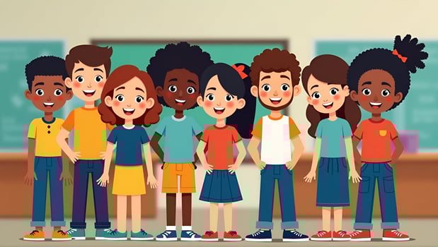 Flat Happy diverse junior school students stand in classroom smiling and posing for a group portrait representing multiethnic cool kids boys and girls friends in an educational env Act 7 photo