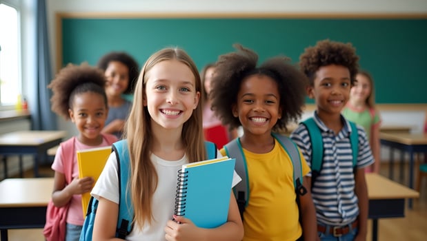 Cheerful diverse schoolchildren pose in classroom holding notebooks and backpacks smiling happily after school reopening representing diversity and back to school concept concept a Act 4 photo