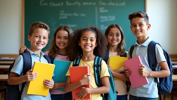 Cheerful diverse schoolchildren pose in classroom holding notebooks and backpacks smiling happily after school reopening representing diversity and back to school concept concept a Act 5 photo