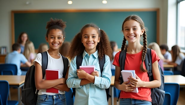 Cheerful diverse schoolchildren pose in classroom holding notebooks and backpacks smiling happily after school reopening representing diversity and back to school concept concept a Act 6 photo