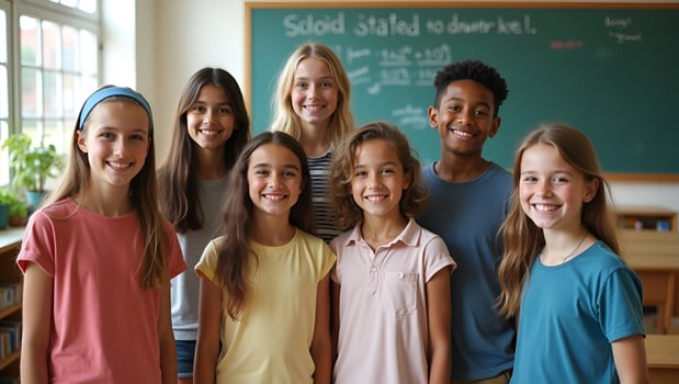 Flat Happy diverse junior school students stand in classroom smiling and posing for a group portrait representing multiethnic cool kids boys and girls friends in an educational env Act 3 photo
