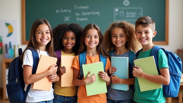 Cheerful diverse schoolchildren pose in classroom holding notebooks and backpacks smiling happily after school reopening representing diversity and back to school concept concept a Act 8 photo