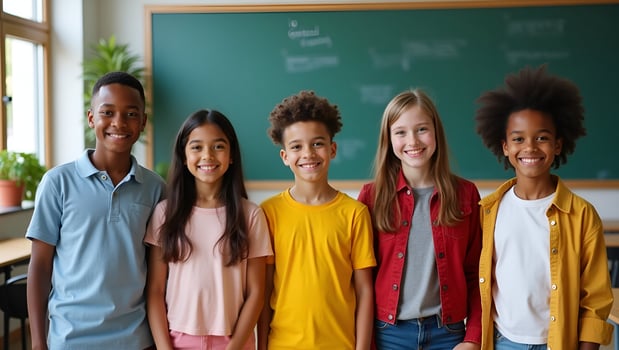 Flat Happy diverse junior school students stand in classroom smiling and posing for a group portrait representing multiethnic cool kids boys and girls friends in an educational env Act 6 photo