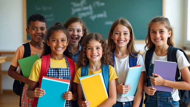 Cheerful diverse schoolchildren pose in classroom holding notebooks and backpacks smiling happily after school reopening representing diversity and back to school concept concept a Act 3 photo