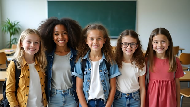 Flat Happy diverse junior school students stand in classroom smiling and posing for a group portrait representing multiethnic cool kids boys and girls friends in an educational env Act photo
