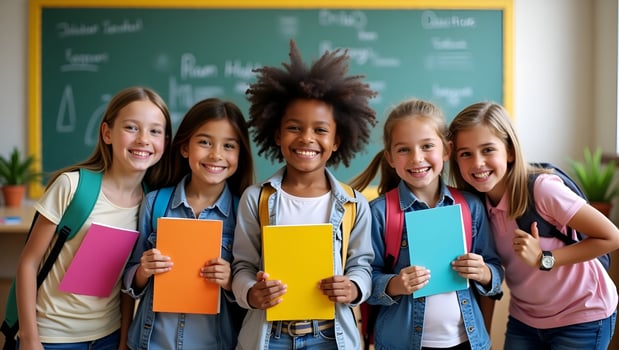 Cheerful diverse schoolchildren pose in classroom holding notebooks and backpacks smiling happily after school reopening representing diversity and back to school concept concept a Act photo
